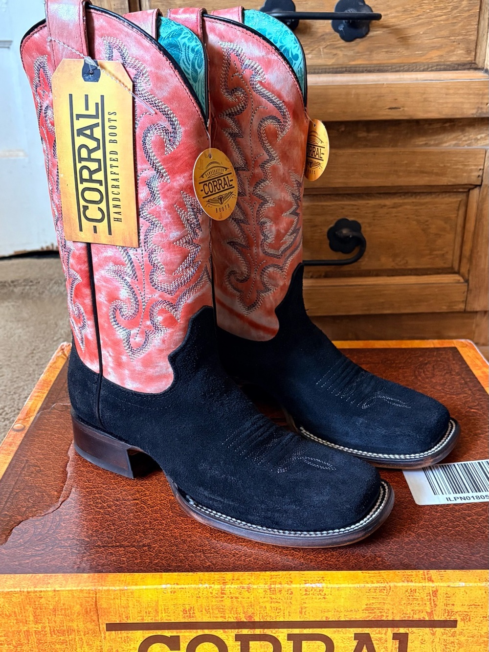 Corral Women’s Black Suede Boots with Coral Embroidered Shaft